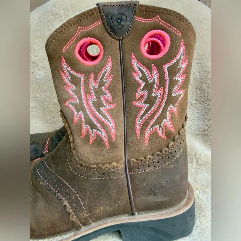 ARIAT GIRLS' FATBABY POWDER BROWN PINK LEATHER WESTERN ROUND TOE‎ BOOTS Sz 3 EUC
